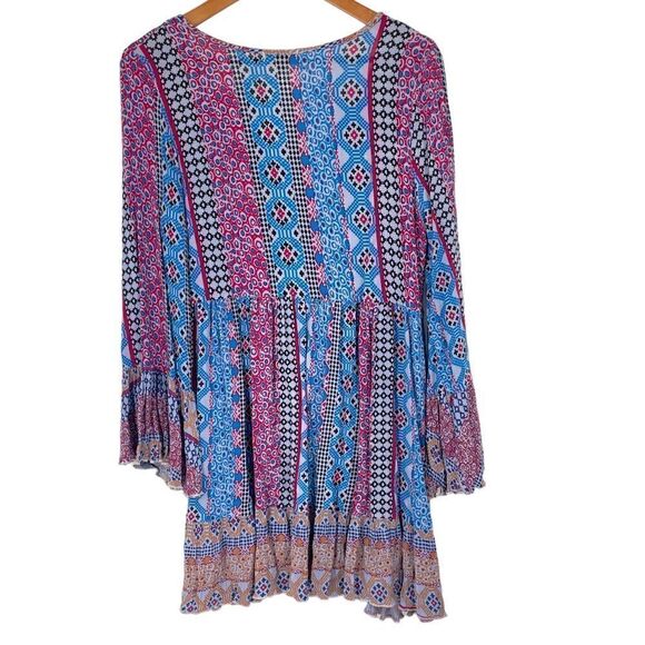 Velzera Bohemian Multicolor Front Tassel Tie Bell Flare Sleeve Mini Dress Small - Picture 5 of 6